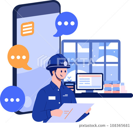 Hand Drawn Engineer or repairman character with smartphone in online repair concept in flat style Hand Drawn Engineer or repairman character with smartphone in online repair concept in flat style 108365681