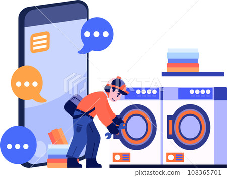 Hand Drawn Engineer or repairman character with smartphone in online repair concept in flat style 108365701