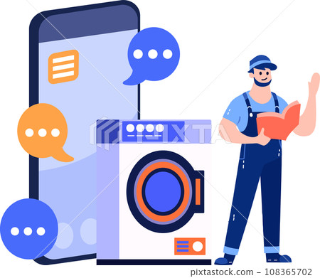 Hand Drawn Engineer or repairman character with smartphone in online repair concept in flat style 108365702