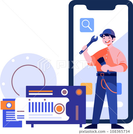 Hand Drawn Engineer or repairman character with smartphone in online repair concept in flat style Hand Drawn Engineer or repairman character with smartphone in online repair concept in flat style 108365734