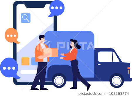 Hand Drawn Delivery man character with truck In the concept of online delivery in flat style Hand Drawn Delivery man character with truck In the concept of online delivery in flat style 108365774