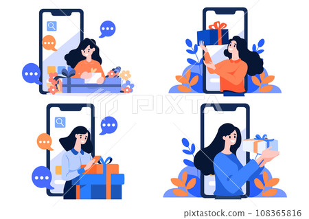 Hand Drawn Female character holding a gift with smartphone in online shopping concept in flat style 108365816
