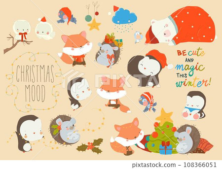 Cute Cartoon Set of Funny Animals with Christmas Elements 108366051