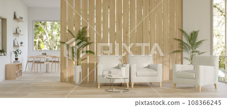 A beautiful, modern lounge waiting area with armchairs, a coffee table, and wood partition wall. A beautiful, modern lounge waiting area with armchairs, a coffee table, and wood partition wall. 108366245