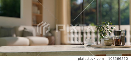 Copy space on a tabletop with spice bottles and a potted plant in a modern living room. 108366250