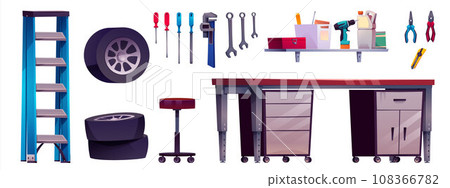 Garage interior furniture and working tools. 108366782