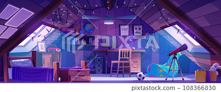 Attic kid bedroom interior in morning cartoon 108366830