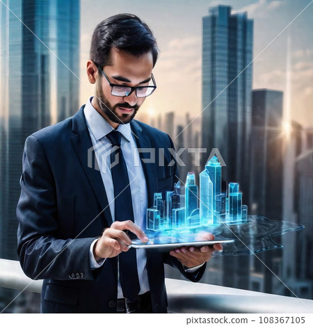 Man with digital tablet and buildings hologram 108367105