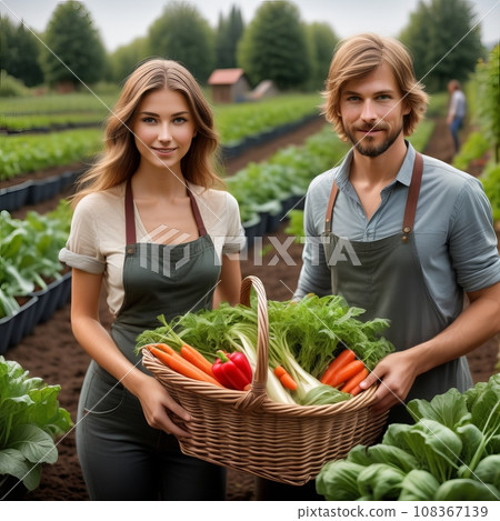 Caucasian couple pick vegetables outdoor 108367139