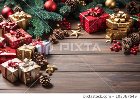 Christmas background with decorations and gift boxes on a wooden board 108367649