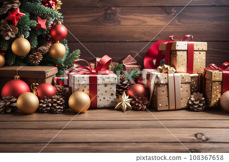 Christmas background with decorations and gift boxes on a wooden board Christmas background with decorations and gift boxes on a wooden board 108367658