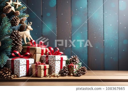 Christmas background with decorations and gift boxes on a wooden board Christmas background with decorations and gift boxes on a wooden board 108367665