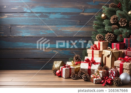 Christmas background with decorations and gift boxes on a wooden board Christmas background with decorations and gift boxes on a wooden board 108367666