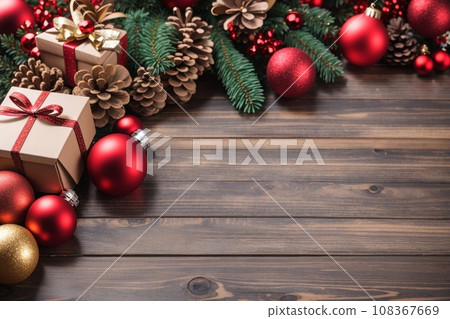 Christmas background with decorations and gift boxes on a wooden board Christmas background with decorations and gift boxes on a wooden board 108367669