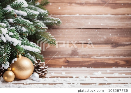 Christmas Wooden Background With Snow Fir Tree. View  108367786