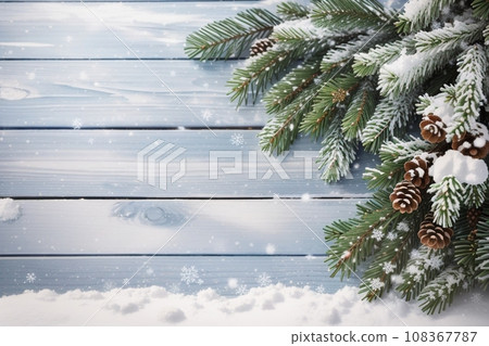 Christmas Wooden Background With Snow Fir Tree. View Christmas Wooden Background With Snow Fir Tree. View 108367787