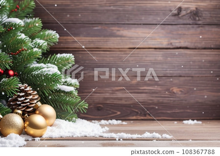 Christmas Wooden Background With Snow Fir Tree. View Christmas Wooden Background With Snow Fir Tree. View 108367788