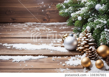 Christmas Wooden Background With Snow Fir Tree. View Christmas Wooden Background With Snow Fir Tree. View 108367801