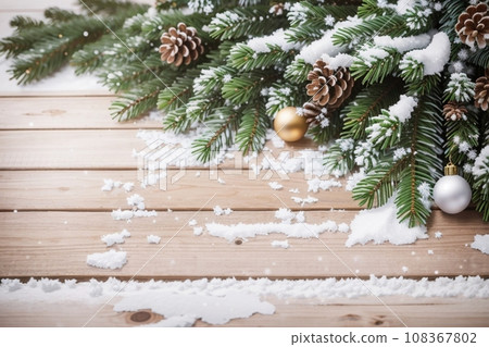 Christmas Wooden Background With Snow Fir Tree. View Christmas Wooden Background With Snow Fir Tree. View 108367802
