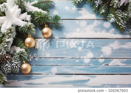 Christmas Wooden Background With Snow Fir Tree. View Christmas Wooden Background With Snow Fir Tree. View 108367803