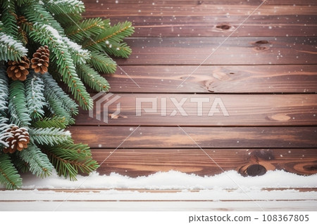 Christmas Wooden Background With Snow Fir Tree. View Christmas Wooden Background With Snow Fir Tree. View 108367805