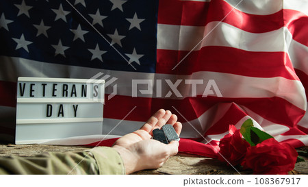 hand of military man holding his dog tag near a USA flag  108367917