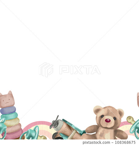 Toys, pyramid, teddy bear, airplane, seamless border. Vector illustration. Watercolor. Greeting cards, invitations, newborn baby shower, gender party. Toys, pyramid, teddy bear, airplane, seamless border. Vector illustration. Watercolor. Greeting cards, invitations, newborn baby shower, gender party. 108368675