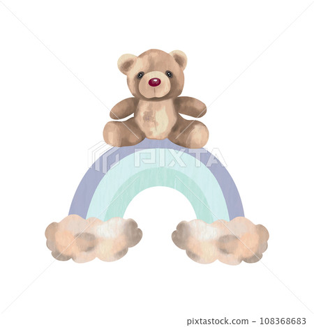 Teddy bear toy on a rainbow with clouds. Vector illustration. Watercolor. Greeting cards, invitations, newborn baby shower, gender party, boy or girl. Teddy bear toy on a rainbow with clouds. Vector illustration. Watercolor. Greeting cards, invitations, newborn baby shower, gender party, boy or girl. 108368683