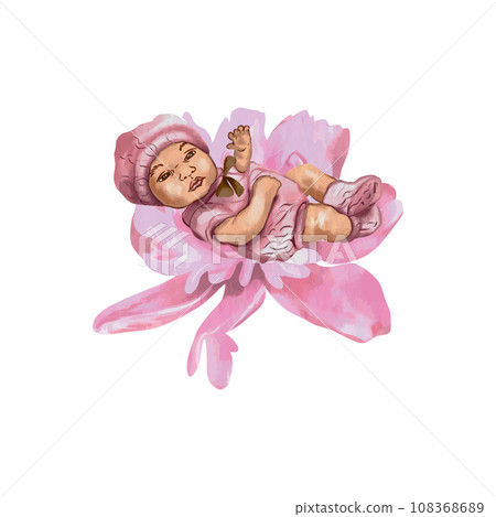Newborn girl on a pink flower. Vector illustration in watercolor style. Greeting cards, invitations, newborn baby shower, gender party, girl or boy. Newborn girl on a pink flower. Vector illustration in watercolor style. Greeting cards, invitations, newborn baby shower, gender party, girl or boy. 108368689