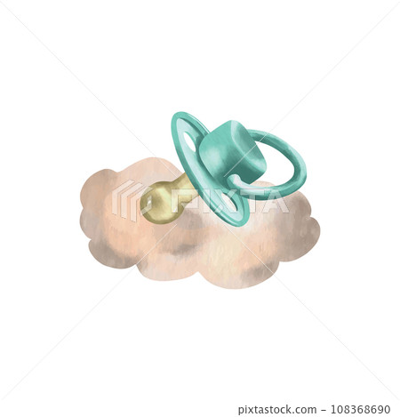 Baby pacifier on a cloud. Vector illustration in watercolor style. Greeting cards, baby shower, children's room, invitations, gender party, girl, boy. 108368690