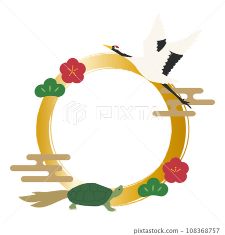Crane and turtle, brush-style circular frame 108368757