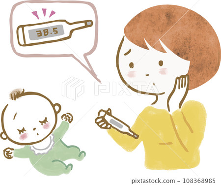 一位憂心忡忡的母親測量嬰兒體溫的插圖 一位憂心忡忡的母親測量嬰兒體溫的插圖 108368985