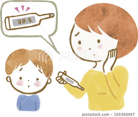 一位憂心忡忡的母親測量孩子體溫的插圖 一位憂心忡忡的母親測量孩子體溫的插圖 108368987