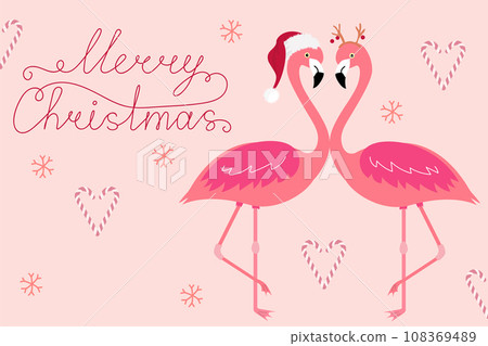 Pink Christmas card with flamingo in love. Pink Christmas card with flamingo in love. 108369489