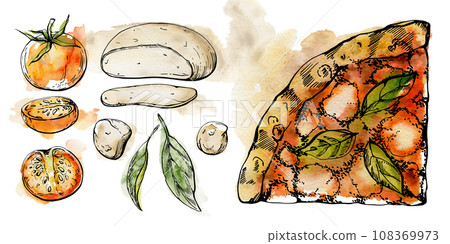 Hand drawn watercolor ink illustration. Margherita pizza slice, mozzarella tomato basil, Italian cuisine. Set of objects isolated on white. Design restaurant menu cafe, food shop package, flyer print. Hand drawn watercolor ink illustration. Margherita pizza slice, mozzarella tomato basil, Italian cuisine. Set of objects isolated on white. Design restaurant menu cafe, food shop package, flyer print. 108369973