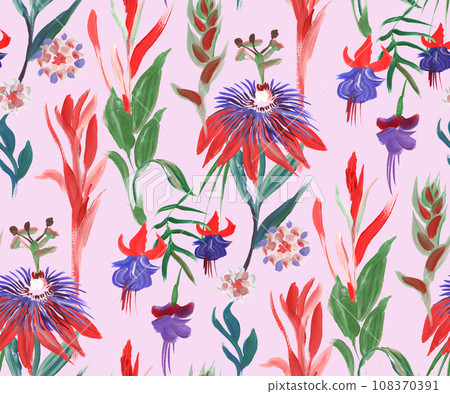 bright seamless pattern with multicolored tropical flowers and leaves bright seamless pattern with multicolored tropical flowers and leaves 108370391