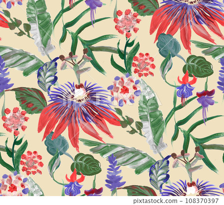 bright seamless pattern with multicolored tropical flowers and leaves on a beige background for textile 108370397