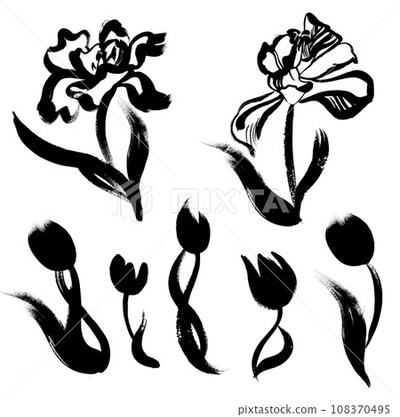 A set of tulips painted in black gouache isolated on a white background 108370495