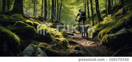 Mountain biker riding on bike in spring inspirational forest landscape. Man cycling MTB on enduro trail track. Sport fitness motivation and inspiration 108370588