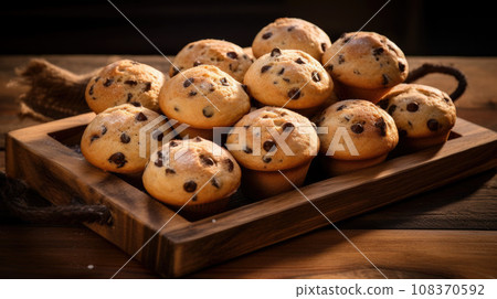 Chocolate chip muffins on wooden background Chocolate chip muffins on wooden background 108370592