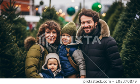 A happy family with a child and parents chooses a New Year's tree at the Christmas tree marke 108370879