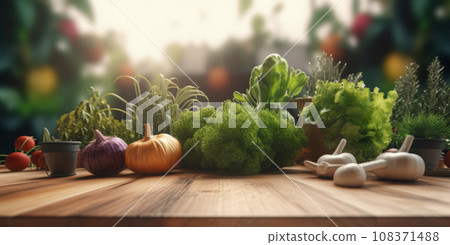 Fresh organic vegetables lie on wood table in the garden 108371488