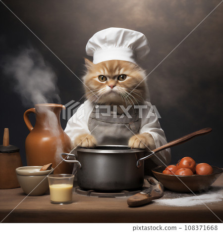 Red cat wearing chef hat and cooking in kitchen with various pots and pans 108371668