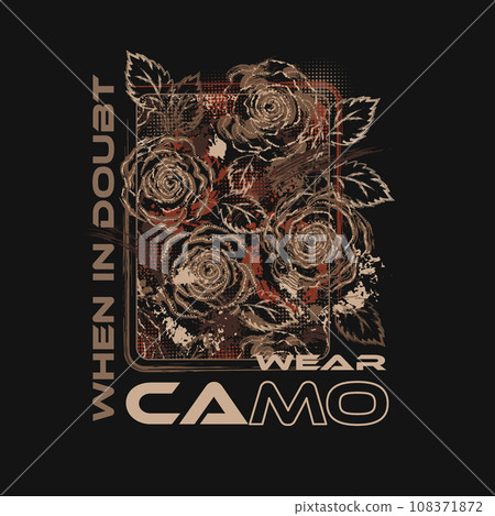 Brown camouflage label with roses with text Brown camouflage label with roses with text 108371872