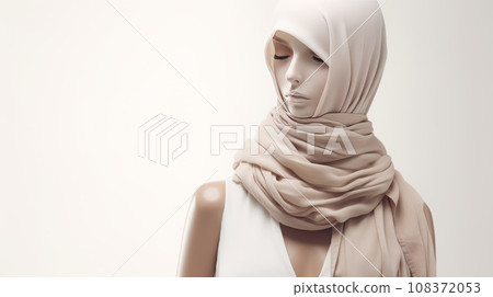 Woman wearing beige hijab on white background. White top and white hijab with brown band. Great for themes of culture, religion and diversity. Woman wearing beige hijab on white background. White top and white hijab with brown band. Great for themes of culture, religion and diversity. 108372053