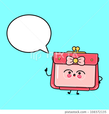 Wallet for women with speech bubble. Vector hand drawn cartoon kawaii character illustration icon. Isolated on blue background. Wallet for women character concept 108372135