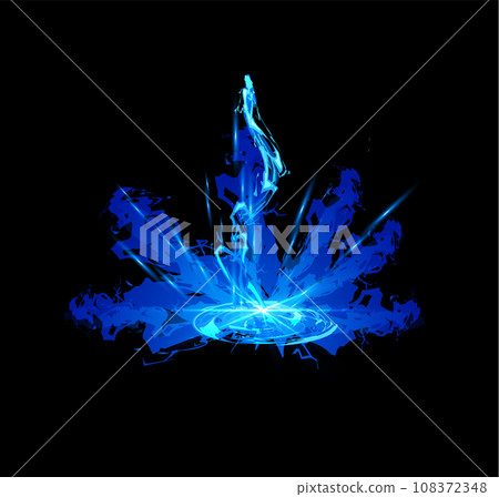 Ligth game visual effect of explosion clouds, beams, flame, rays going from glowing circle. 108372348