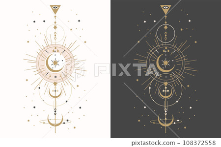 Set of esoteric mystical posters with spiritual symbols, moon, sun, stars. Templates on light and dark backgrounds, boho style. Vector Set of esoteric mystical posters with spiritual symbols, moon, sun, stars. Templates on light and dark backgrounds, boho style. Vector 108372558