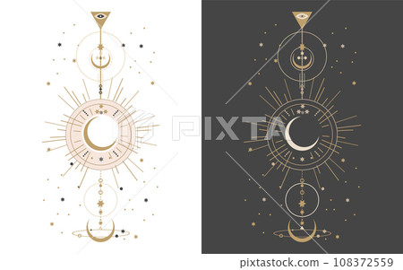 Set of esoteric mystical posters with spiritual symbols, moon, sun, stars. Templates on light and dark backgrounds, boho style. Vector Set of esoteric mystical posters with spiritual symbols, moon, sun, stars. Templates on light and dark backgrounds, boho style. Vector 108372559