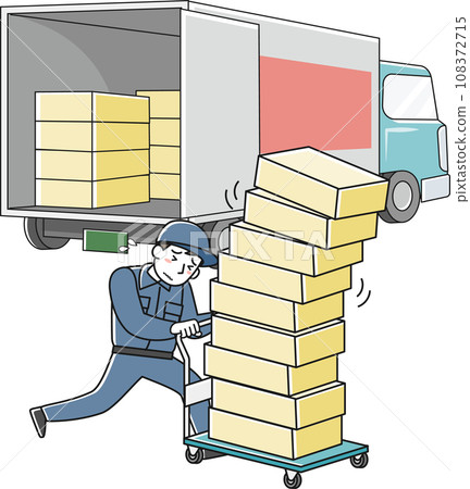 一個穿著工作服的男人和一輛卡車拼命推著一輛裝滿行李的手推車 108372715